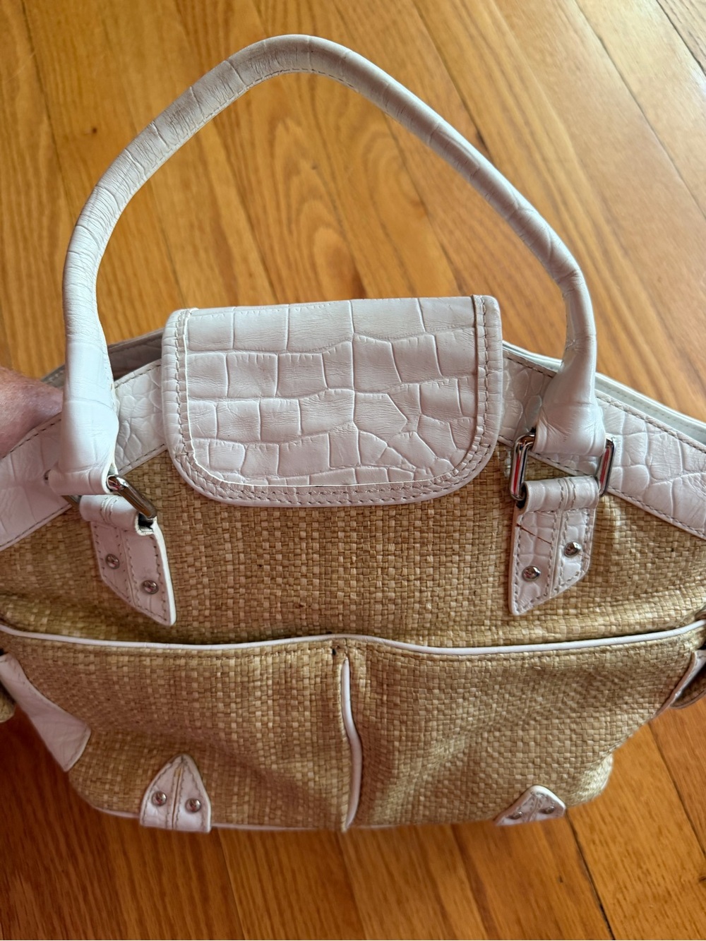 Cole Haan White Croc-Embossed Trim Straw Tote with Silver Buckle - Picture 13 of 13